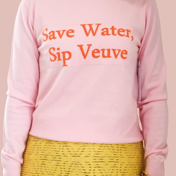 Luxury Sweater, 100 % Cotton,  Save Water, Sip Veuve, Size Small, New With Tags - Picture 1 of 4